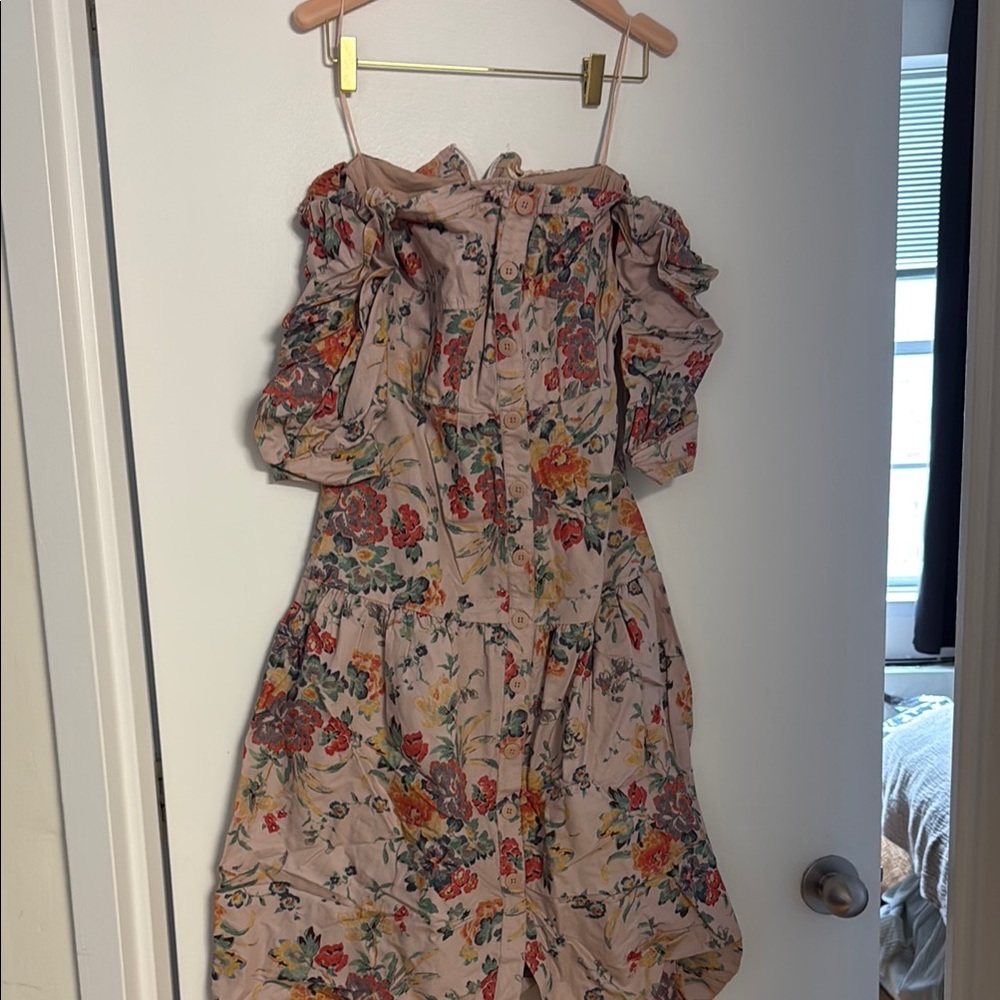 Floral midi Dress off shoulder with puffy sleeves in Pink and Red